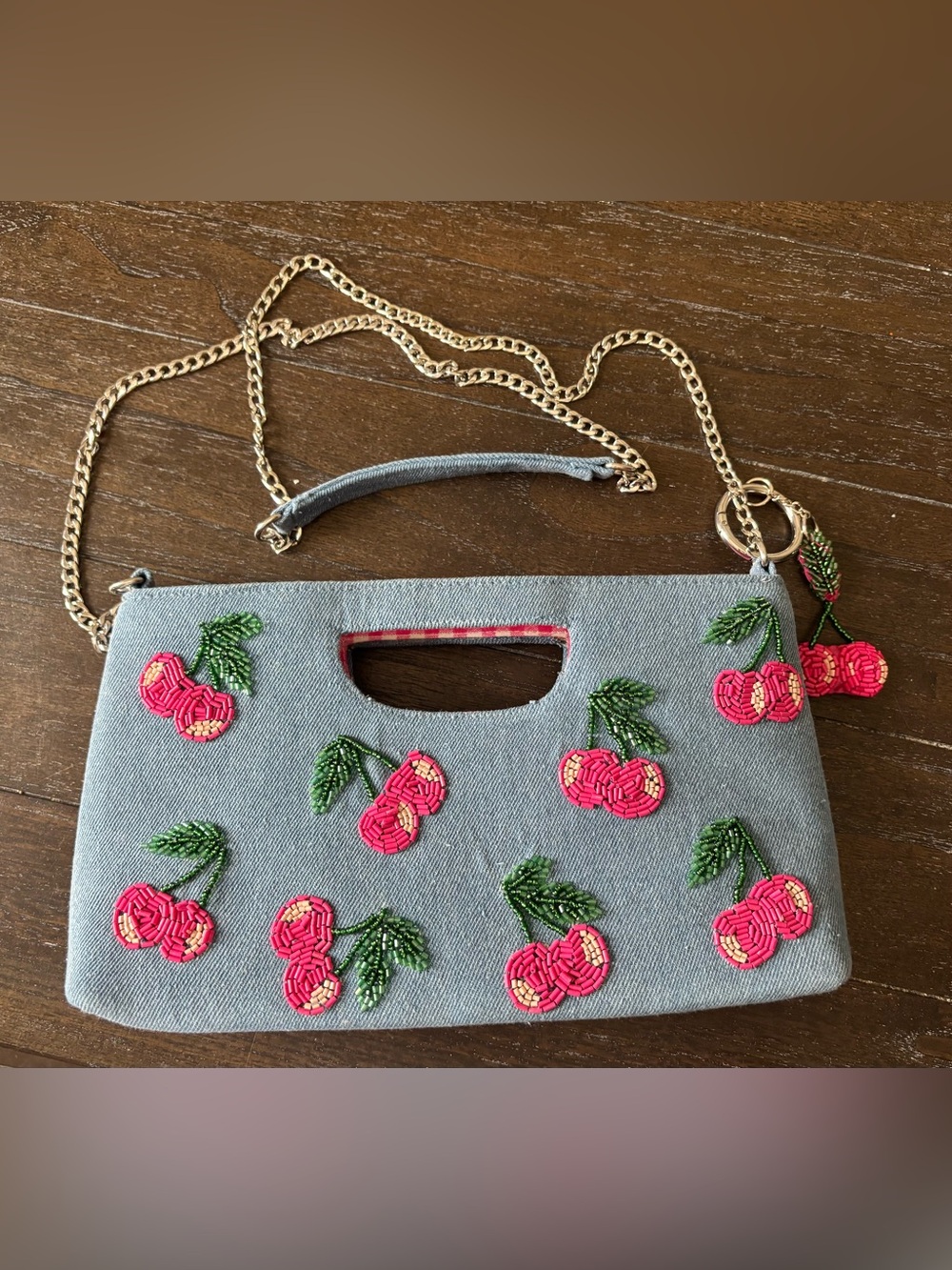 NWOT Beaded Cherry Denim Crossbody Purse